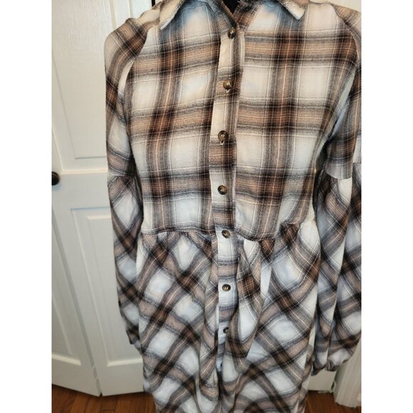 Brown/Cream Plaid Flannel Babydoll Button Up S Grunge Fall Retro Comfy Western - Picture 3 of 6